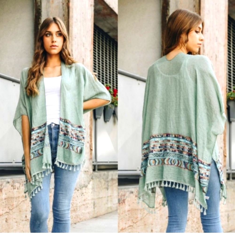 Sage Embroidered Kimono w/ tassels